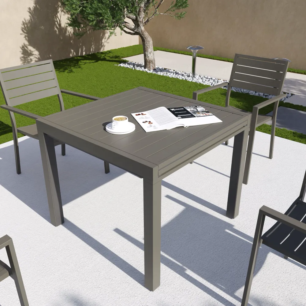 Tavolo da esterno rettangolare in alluminio tortora allungabile 90/180x90x74cm con top a doghe | Marel Tavolo da esterno rettangolare in alluminio tortora allungabile 90/180x90x74cm con top a doghe | Marel