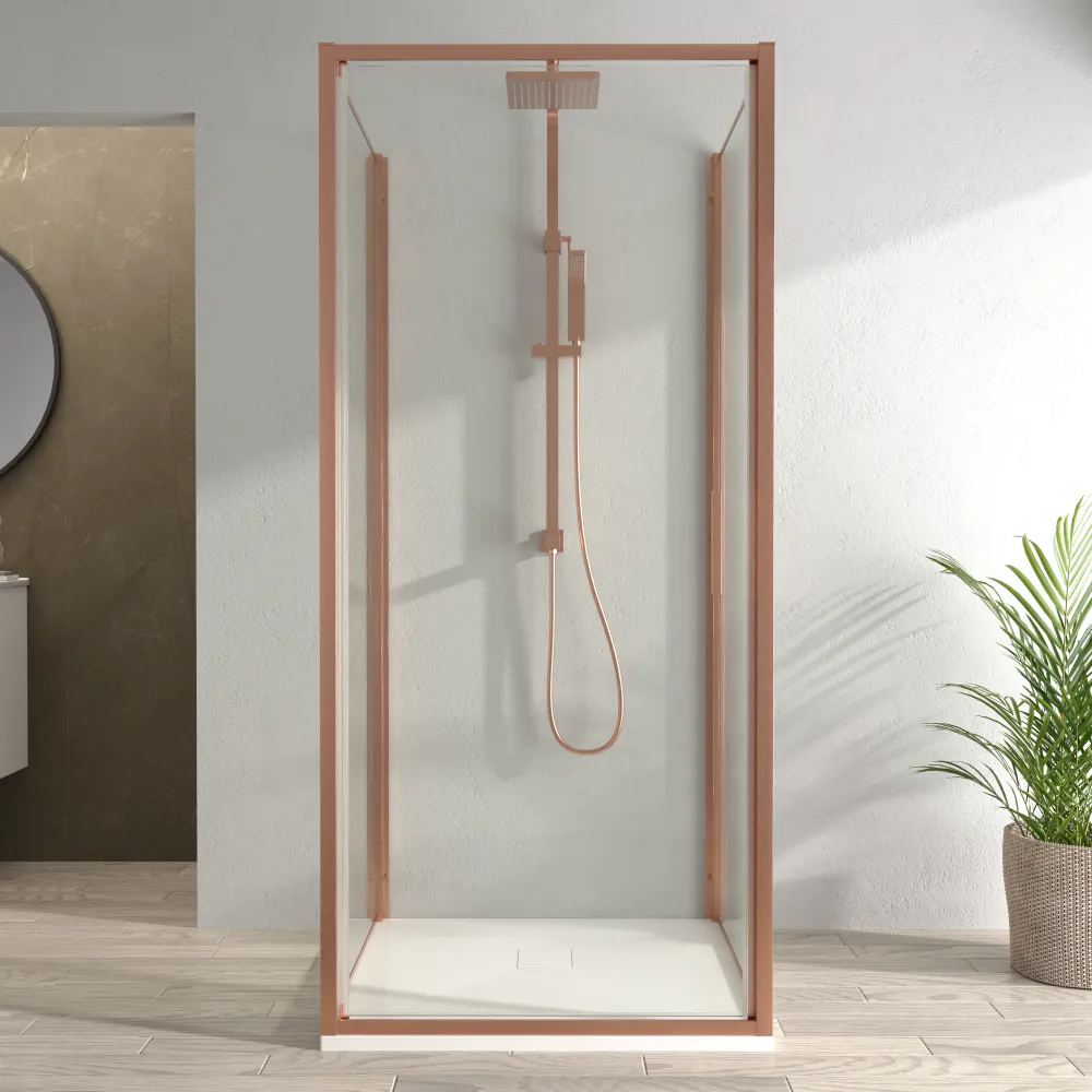 Box doccia 3 lati 90x75x90cm con porta a battente profili rame spazzolato vetro 6mm trasparente anticalcare h190| Portofino