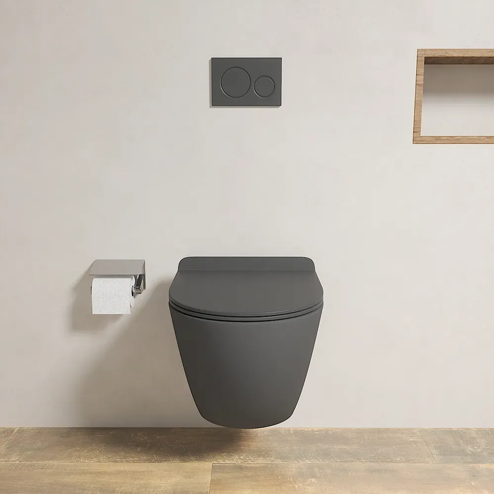 Vaso WC sospeso in ceramica grigio opaco rimless salvaspazio con sedile soft-close | Parigi Vaso WC sospeso in ceramica grigio opaco rimless salvaspazio con sedile soft-close | Parigi