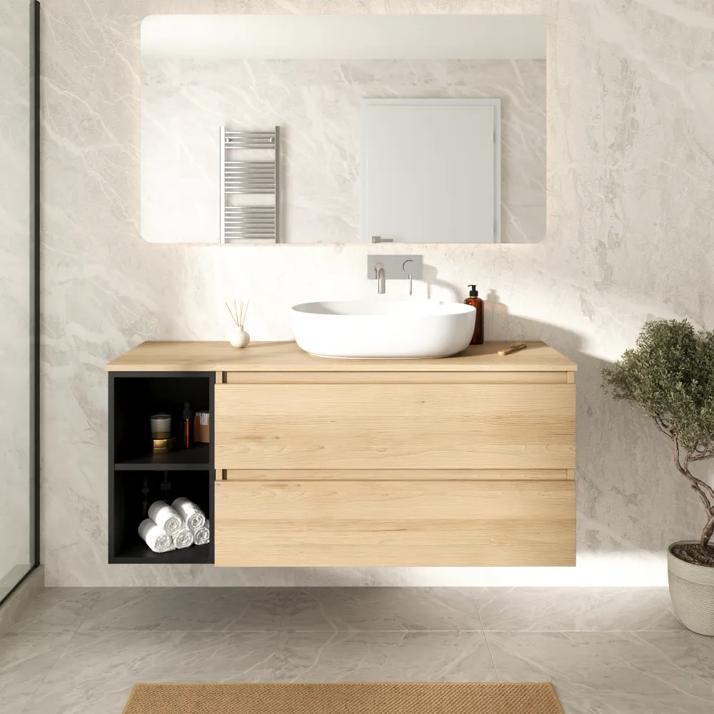 Mobile bagno sospeso 130cm due cassetti con top rovere chiaro stone oak e vano a giorno nero opaco | Hexa Mobile bagno sospeso 130cm due cassetti con top rovere chiaro stone oak e vano a giorno nero opaco | Hexa