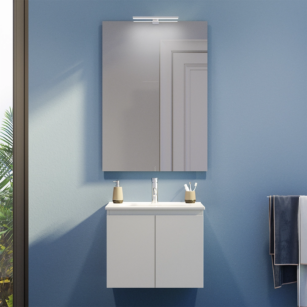 Mobile bagno sospeso 60 cm due ante bianco effetto legno lavabo e specchio | Yili Mobile bagno sospeso 60 cm due ante bianco effetto legno lavabo e specchio | Yili