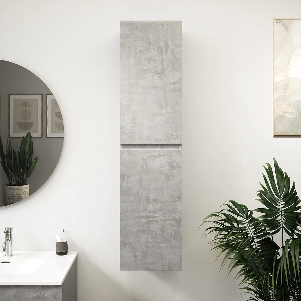 Colonna bagno sospesa altezza 137 cm due ante effetto cemento chiaro reversibile | Yili Colonna bagno sospesa altezza 137 cm due ante effetto cemento chiaro reversibile | Yili