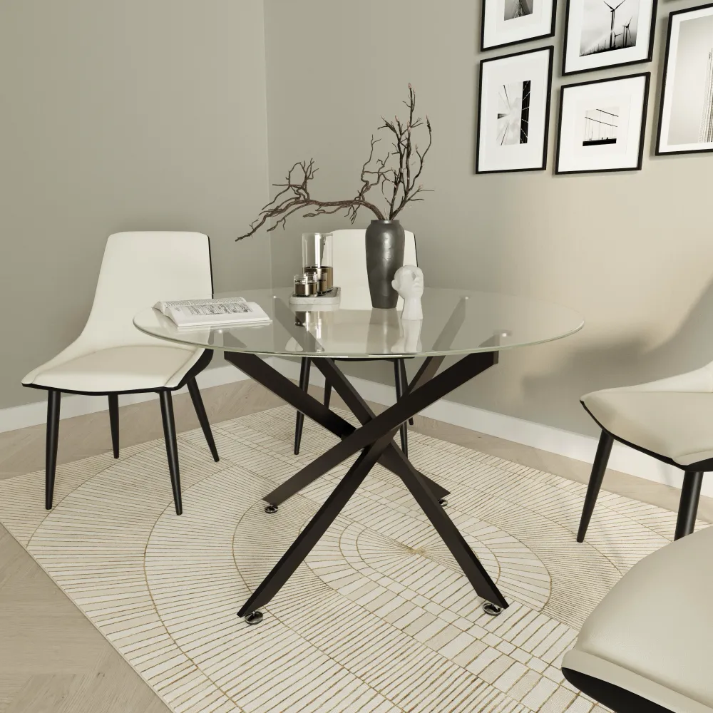 Tavolo rotondo Ø120cm top in vetro temperato trasparente 8mm e gambe incrociate in acciaio nero | Leif