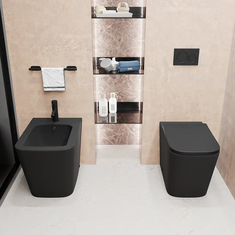 Sanitari filomuro in ceramica rimless nero opaco vaso bidet e copriwc soft-close | Londra Sanitari filomuro in ceramica rimless nero opaco vaso bidet e copriwc soft-close | Londra