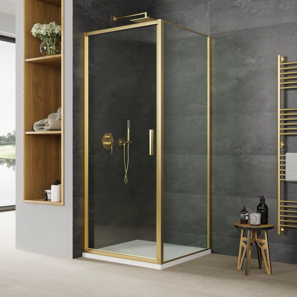 Box doccia slim 75x80cm con porta a battente e parete fissa profili oro spazzolato e vetro 6mm trasparente anticalcare h190| Portofino Box doccia slim 75x80cm con porta a battente e parete fissa profili oro spazzolato e vetro 6mm trasparente anticalcare h190| Portofino