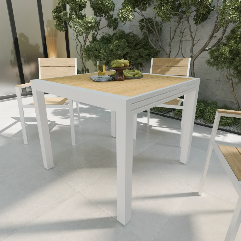 Tavolo da esterno rettangolare in alluminio bianco allungabile 90/180x90x74cm con top a doghe in polywood effetto legno| Camir