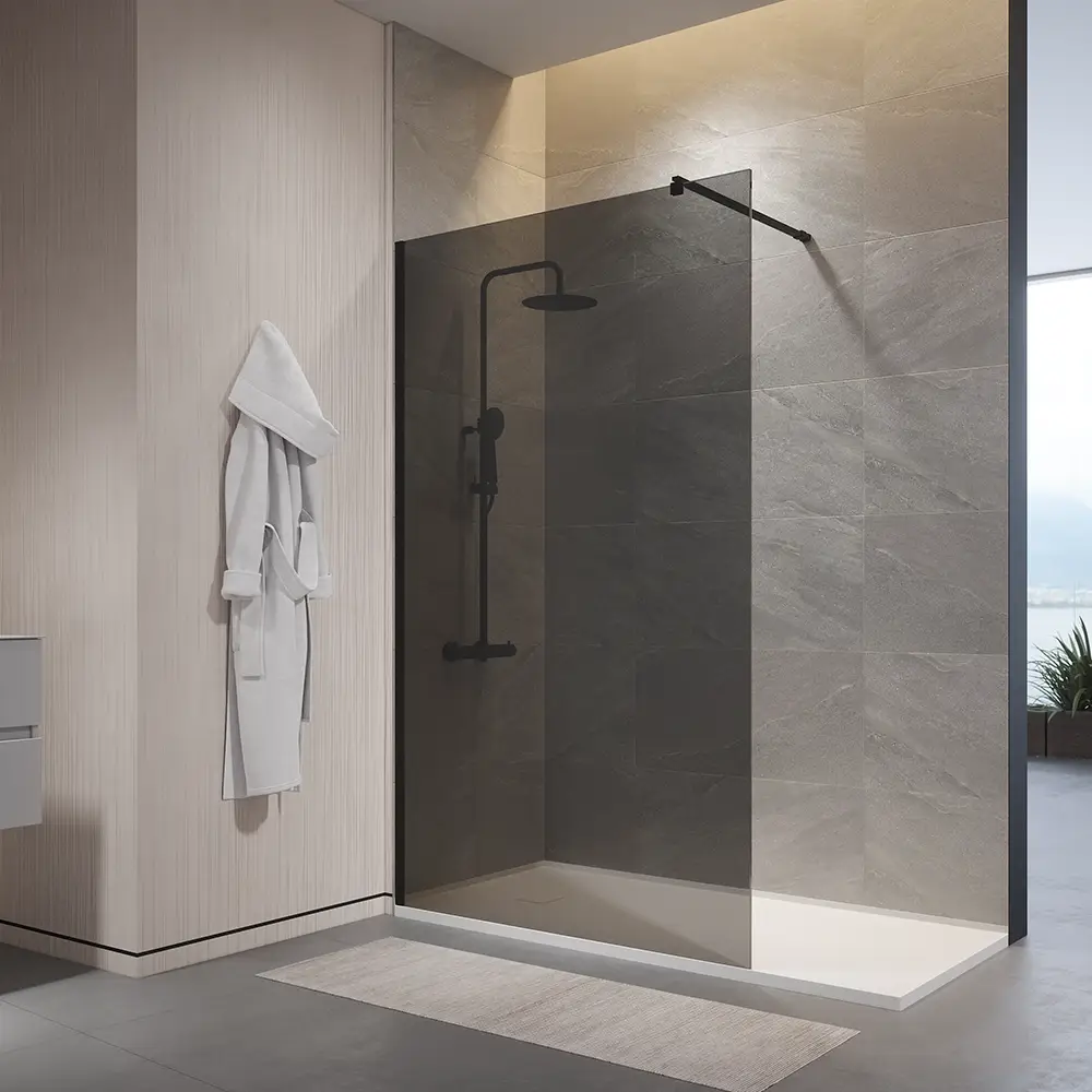 Doccia walk-in 140cm vetro temperato anticalcare 10mm fumé profili neri | Naxos Doccia walk-in 140cm vetro temperato anticalcare 10mm fumé profili neri | Naxos