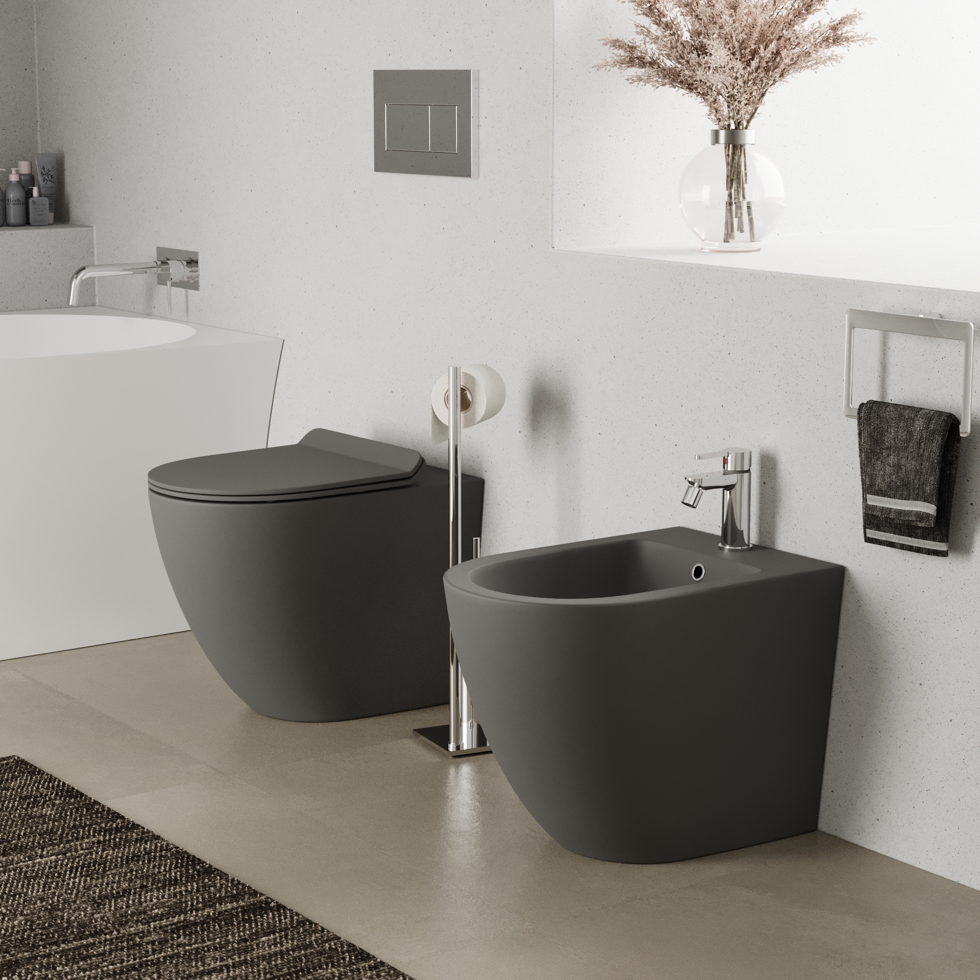 Sanitari filomuro in ceramica grigio opaco vaso tornado silent flush sedile soft-close e bidet | Sydney