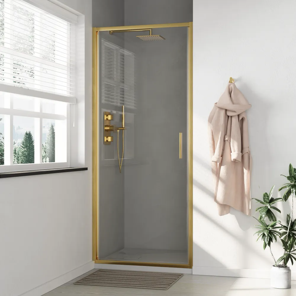 Porta doccia 90cm con apertura a battente profili slim oro spazzolato vetro 6mm trasparente anticalcare h190 | Portofino Porta doccia 90cm con apertura a battente profili slim oro spazzolato vetro 6mm trasparente anticalcare h190 | Portofino