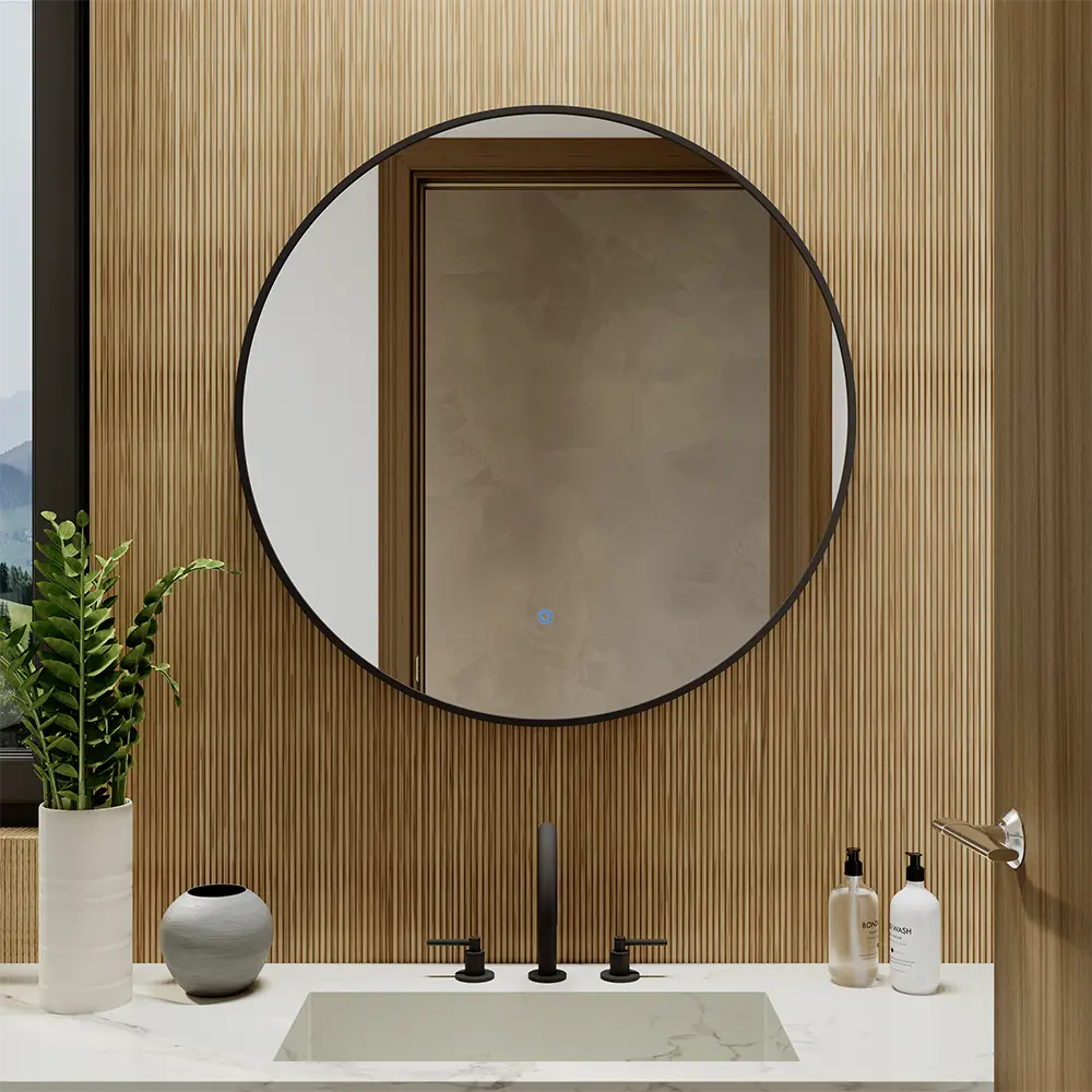 Specchio led tondo Ø 60 cm con cornice nero opaco retroilluminato sensore touch-screen Specchio led tondo Ø 60 cm con cornice nero opaco retroilluminato sensore touch-screen