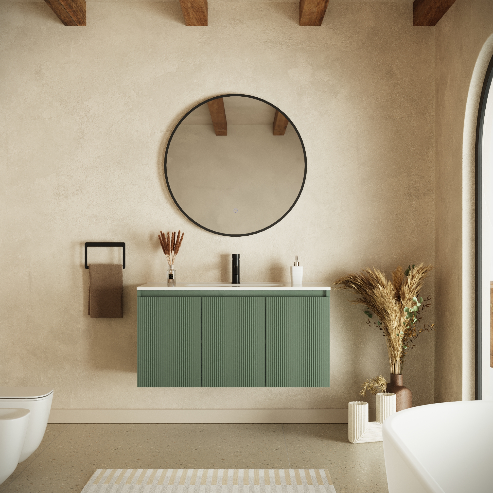 Mobile bagno sospeso 100cm tre ante verde foresta cannettato con lavabo | Pelion Mobile bagno sospeso 100cm tre ante verde foresta cannettato con lavabo | Pelion
