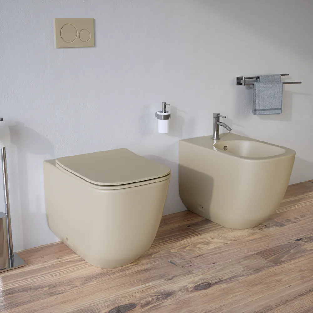 Sanitari filomuro in ceramica khaki opaco vaso tornado silent flush sedile soft-close e bidet | Riga