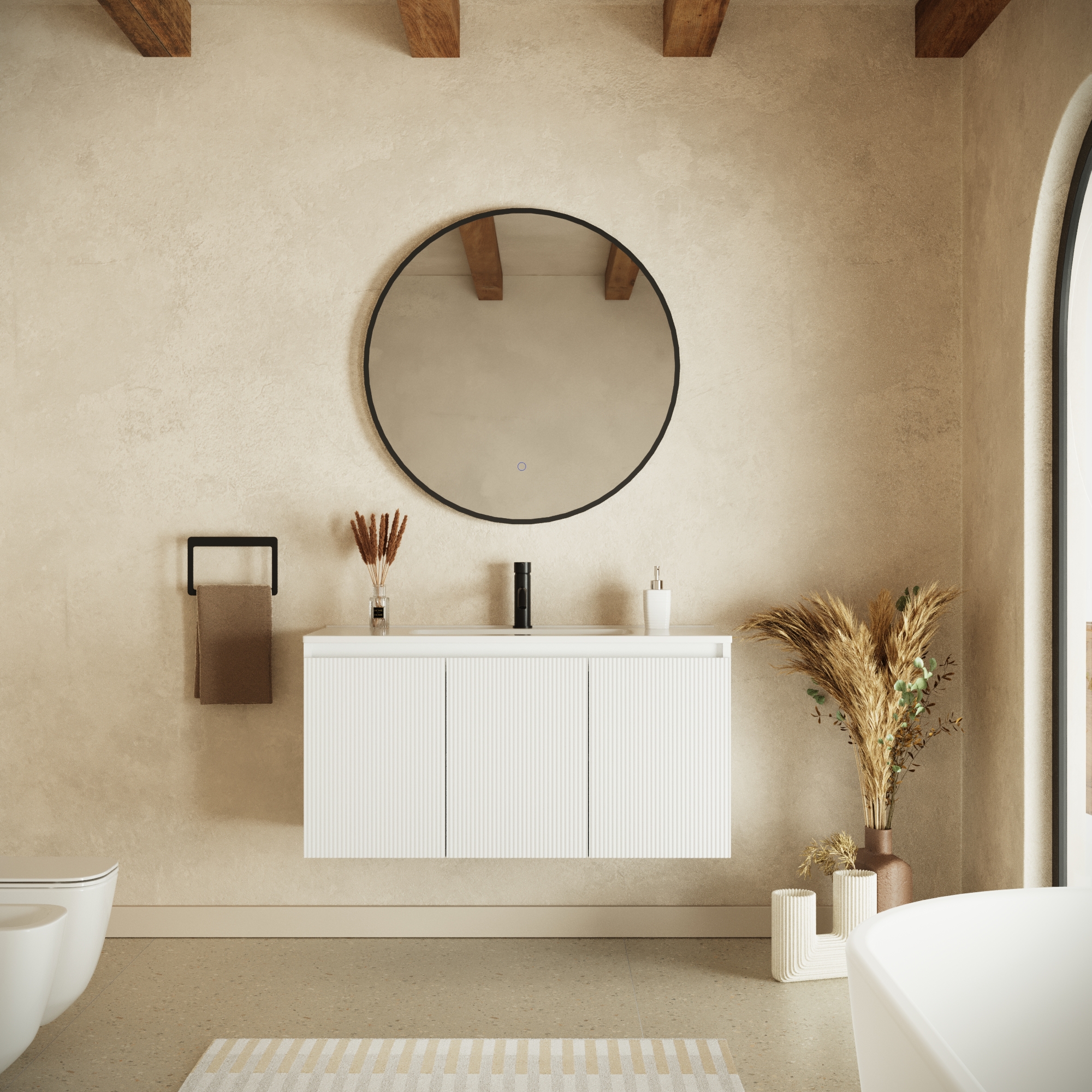 Mobile bagno sospeso 100cm tre ante bianco opaco cannettato con lavabo bianco lucido | Pelion
