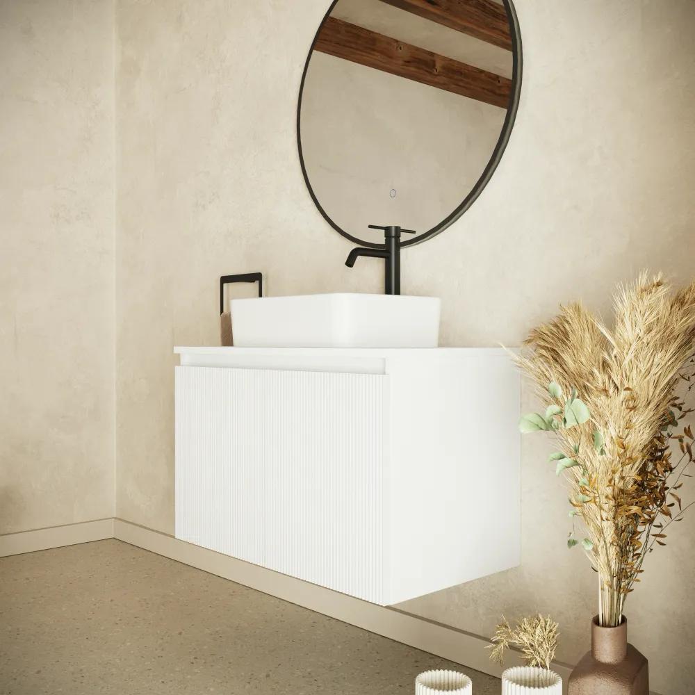 Mobile bagno sospeso 60cm bianco opaco cannettato 2 ante con top | Pelion Mobile bagno sospeso 60cm bianco opaco cannettato 2 ante con top | Pelion