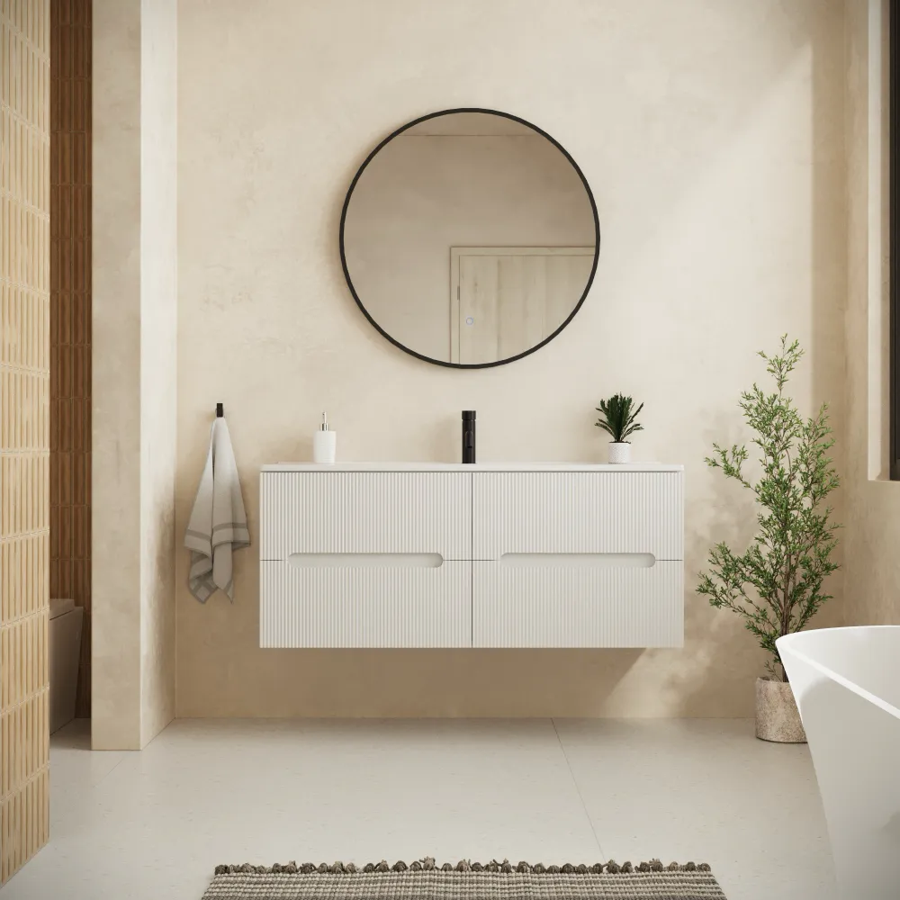 Mobile bagno sospeso 120cm quattro cassetti bianco opaco cannettato con lavabo | Tigua Mobile bagno sospeso 120cm quattro cassetti bianco opaco cannettato con lavabo | Tigua