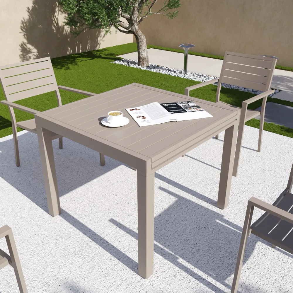 Tavolo da esterno rettangolare in alluminio tortora allungabile 90/180x90x74cm con top a doghe | Marel Tavolo da esterno rettangolare in alluminio tortora allungabile 90/180x90x74cm con top a doghe | Marel