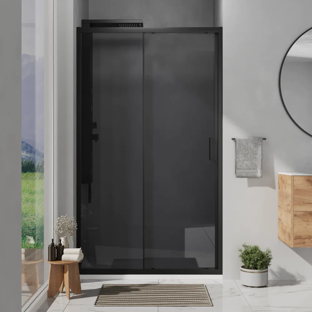 Nicchia doccia 150 cm reversibile apertura scorrevole profili nero opaco vetro 6 mm fumè h 198 | Tahiti