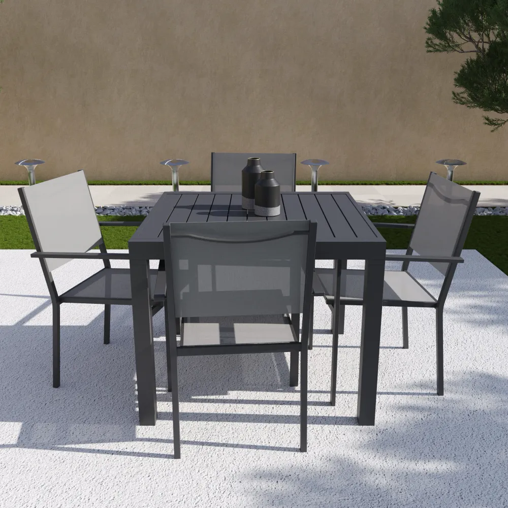 Set da esterno grigio con tavolo allungabile 90/180x74cm e 4 sedie in alluminio con textilene e braccioli squadrati | Marel
