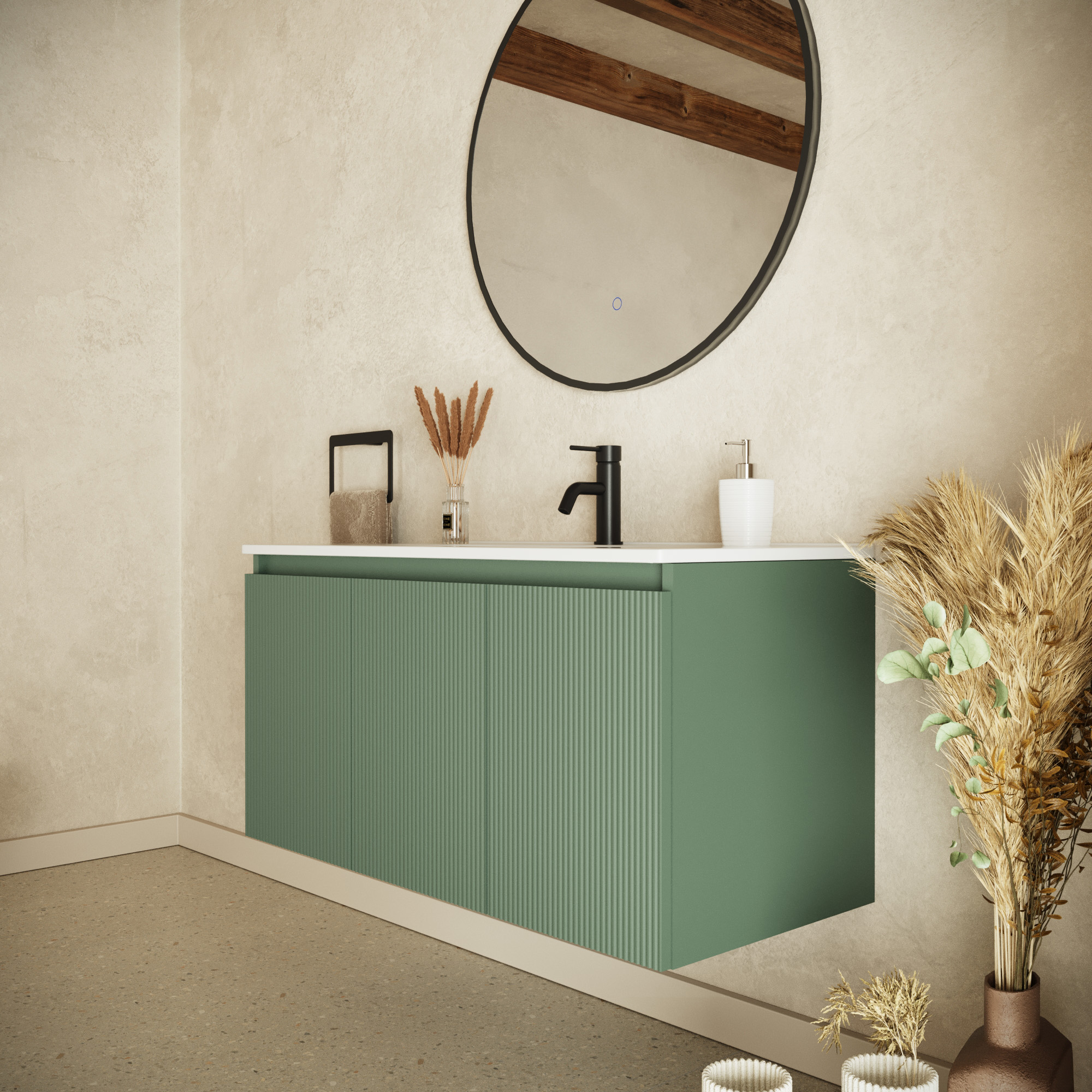 Mobile bagno sospeso 100cm tre ante verde foresta cannettato con lavabo | Pelion
