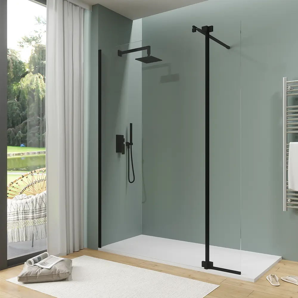 Doccia walk-in 150cm + anta 30cm vetro 8mm trasparente profili neri | Keros Doccia walk-in 150cm + anta 30cm vetro 8mm trasparente profili neri | Keros