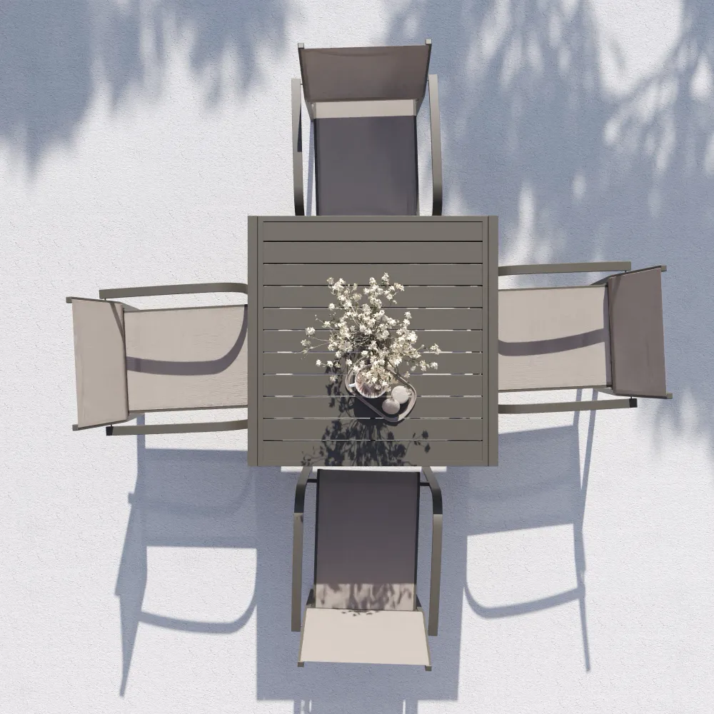 Set da esterno tortora con tavolo allungabile 90/180x74cm e 4 sedie in alluminio con textilene e braccioli tondi | Marel Set da esterno tortora con tavolo allungabile 90/180x74cm e 4 sedie in alluminio con textilene e braccioli tondi | Marel