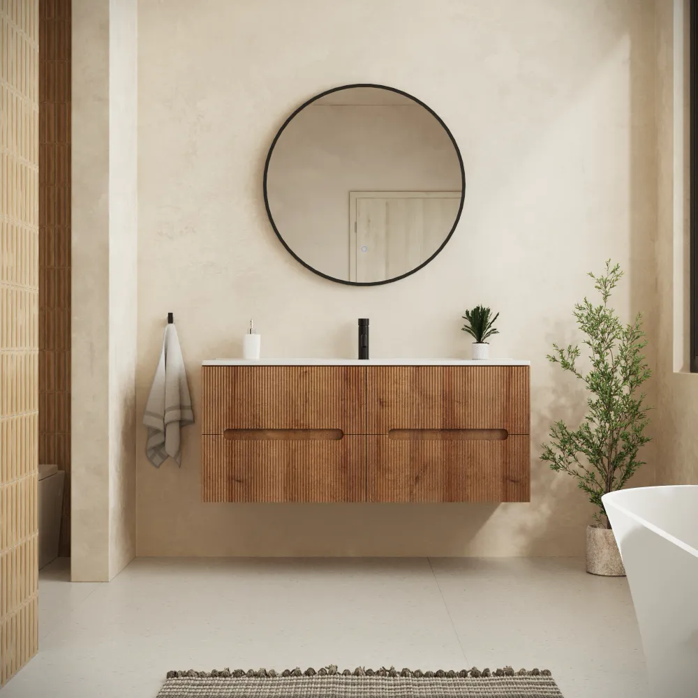 Mobile bagno sospeso 120cm quattro cassetti rovere scuro cannettato con lavabo | Tigua