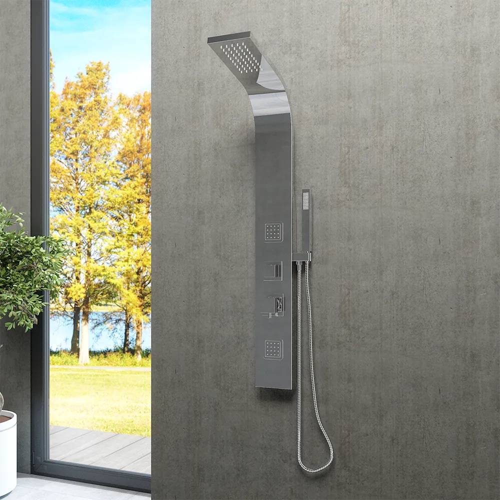 Pannello doccia 113x14cm in acciaio cromato a 3 funzioni con doccino e flessibile | Jog Pannello doccia 113x14cm in acciaio cromato a 3 funzioni con doccino e flessibile | Jog