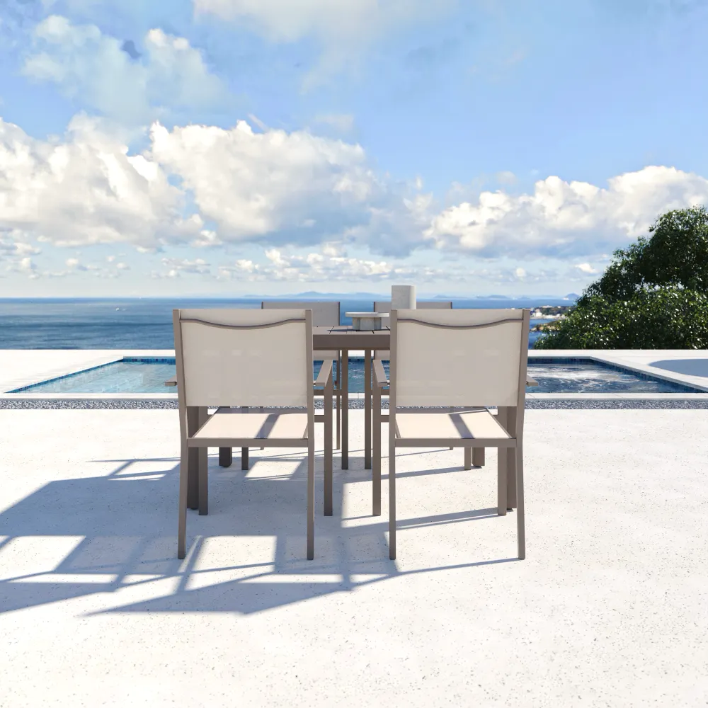 Set da esterno tortora con tavolo allungabile 140/210x75cm e 4 sedie in alluminio e textilene con braccioli squadrati | Marel