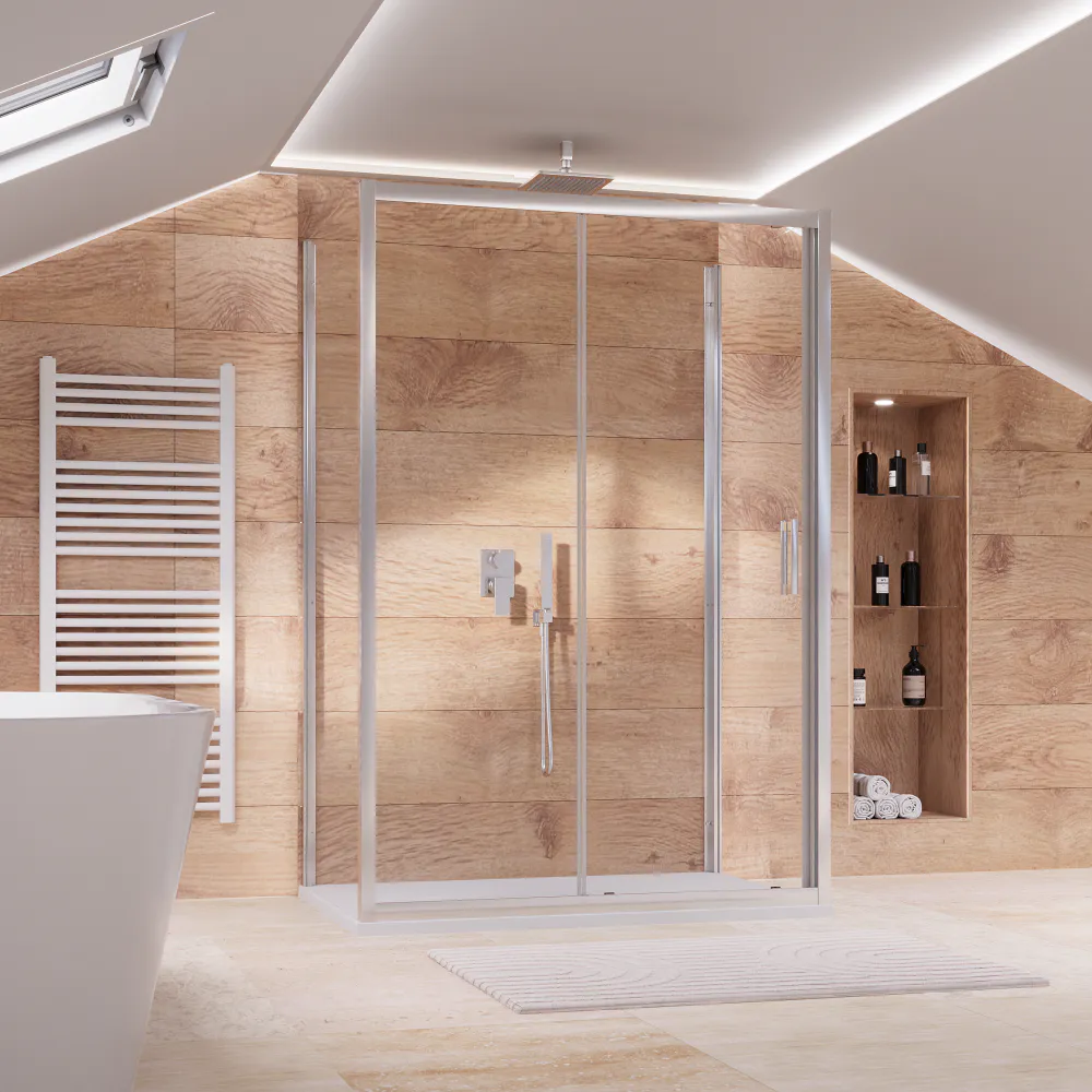 Box doccia 3 lati cromato 80x110x80cm vetro 6mm trasparente con porta scorrevole e doppia parete fissa h180cm | Sicily