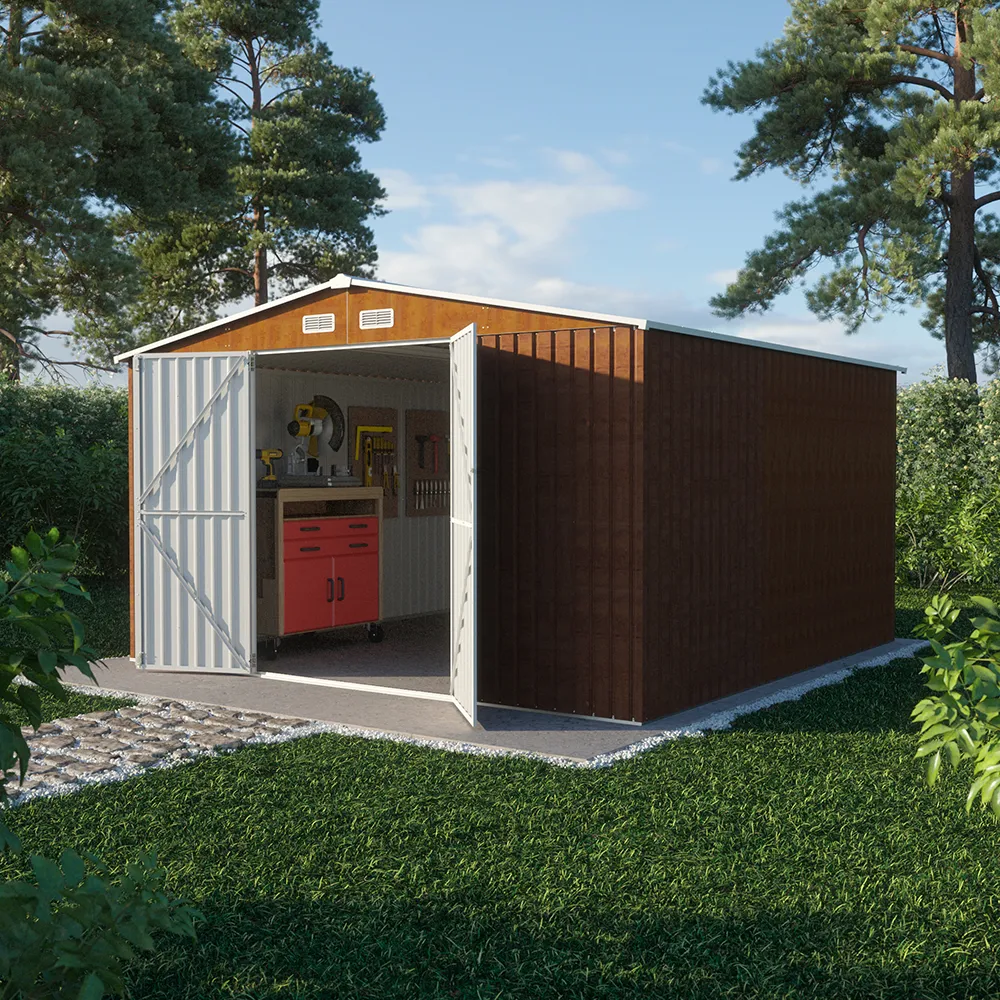 Casetta da giardino in acciaio zincato effetto legno 3,62x3,62xh2,17m - 180kg - 13,1 metri quadri
