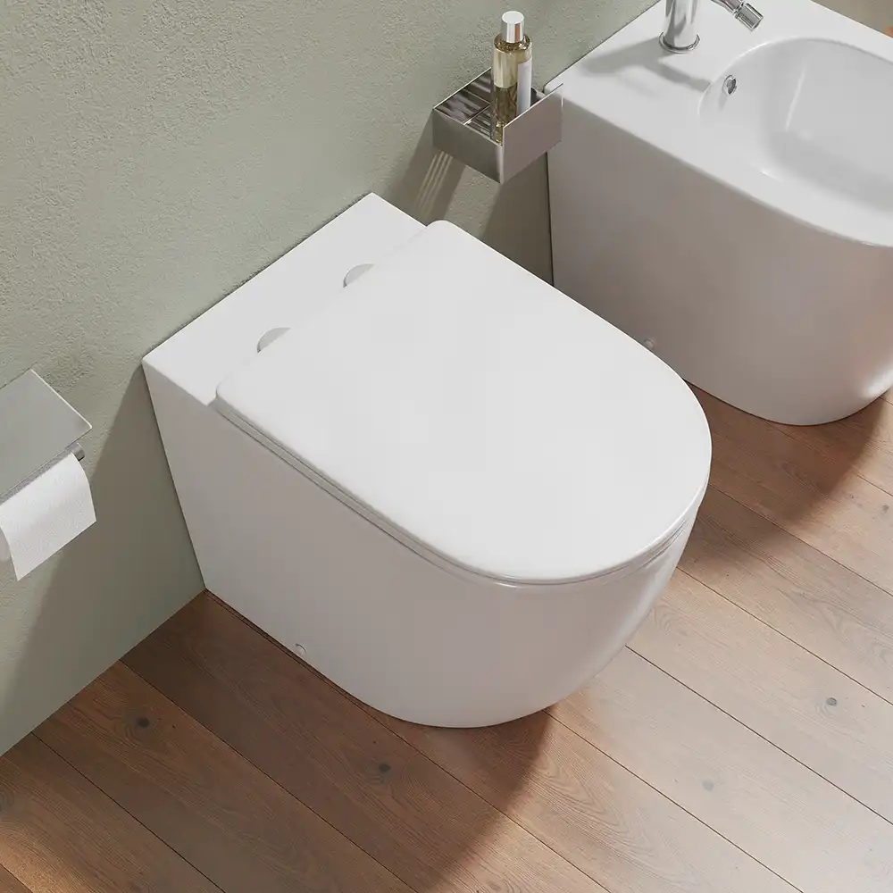 Sanitari filomuro in ceramica wc+bidet rimless mod. Europa bianco lucido - Dettaglio WC Sanitari filomuro in ceramica wc+bidet rimless mod. Europa bianco lucido - Dettaglio WC