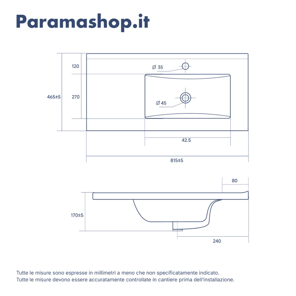 Lavabo da incasso 80cm vasca lato destro in ceramica bianco opaco | Orta Lavabo da incasso 80cm vasca lato destro in ceramica bianco opaco | Orta
