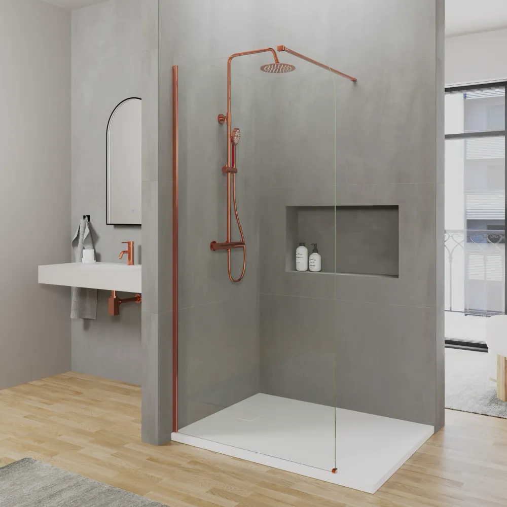 Doccia walk-in arco 140cm con profilo rame spazzolato vetro 8mm trasparente easy clean h200 | Senja Doccia walk-in arco 140cm con profilo rame spazzolato vetro 8mm trasparente easy clean h200 | Senja