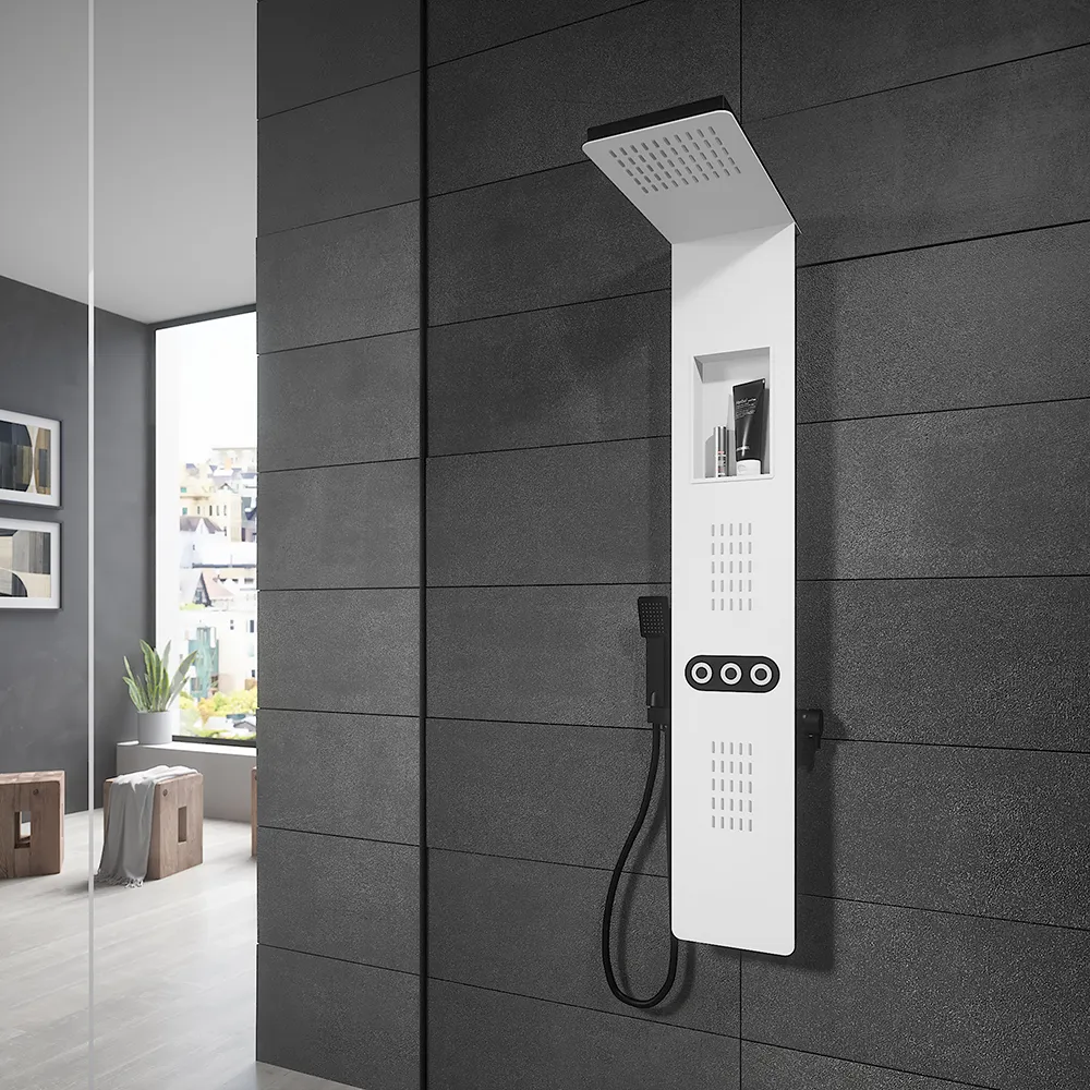 Pannello doccia in alluminio bianco e back nero con doccino, 3 funzioni | Ruacana Pannello doccia in alluminio bianco e back nero con doccino, 3 funzioni | Ruacana