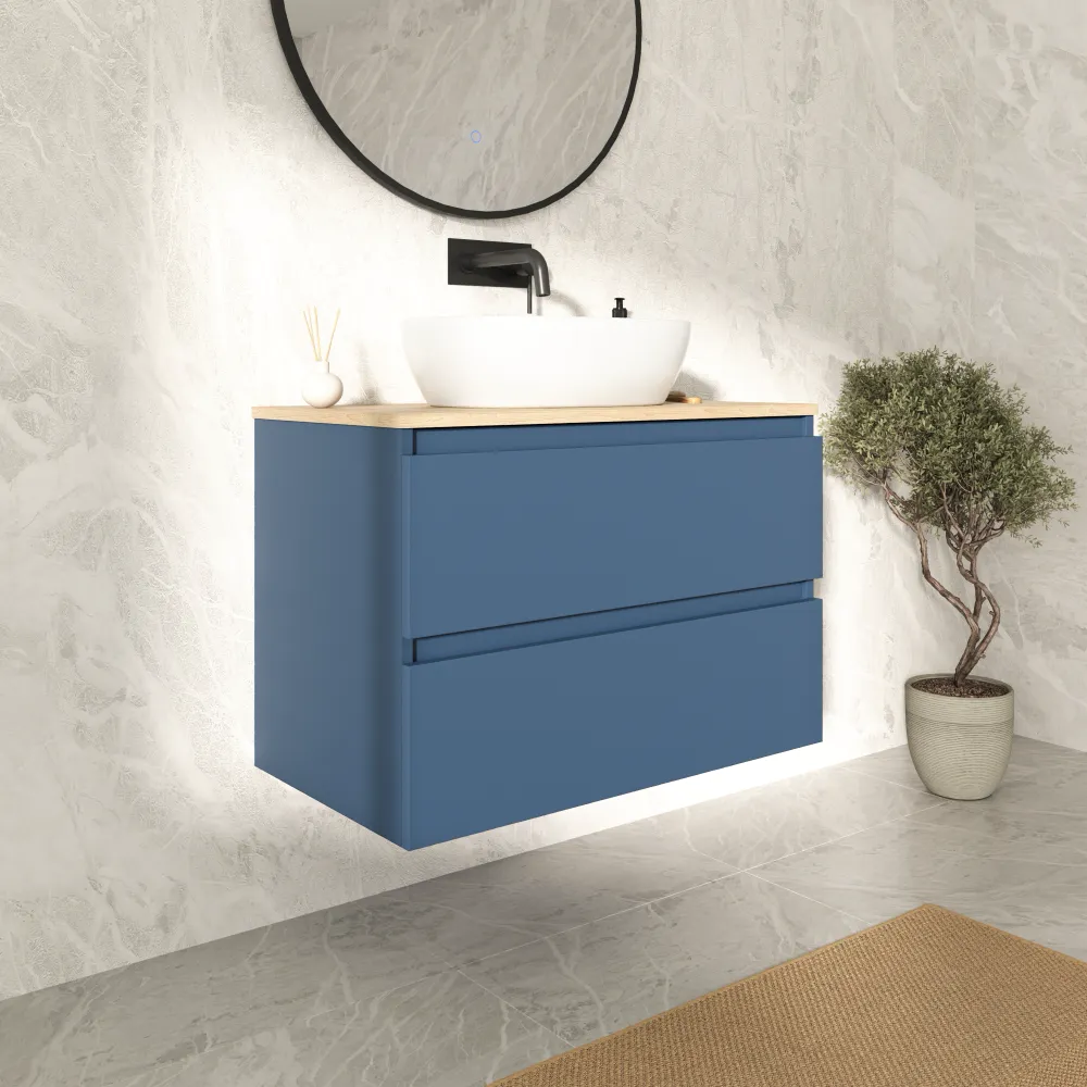 Mobile bagno sospeso 70cm due cassetti alby blue con top rovere chiaro | Hexa