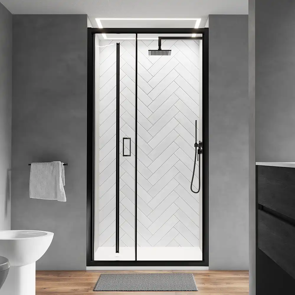 Porta doccia 90 cm profili nero opaco apertura a libro vetro trasparente | Capri Porta doccia 90 cm profili nero opaco apertura a libro vetro trasparente | Capri