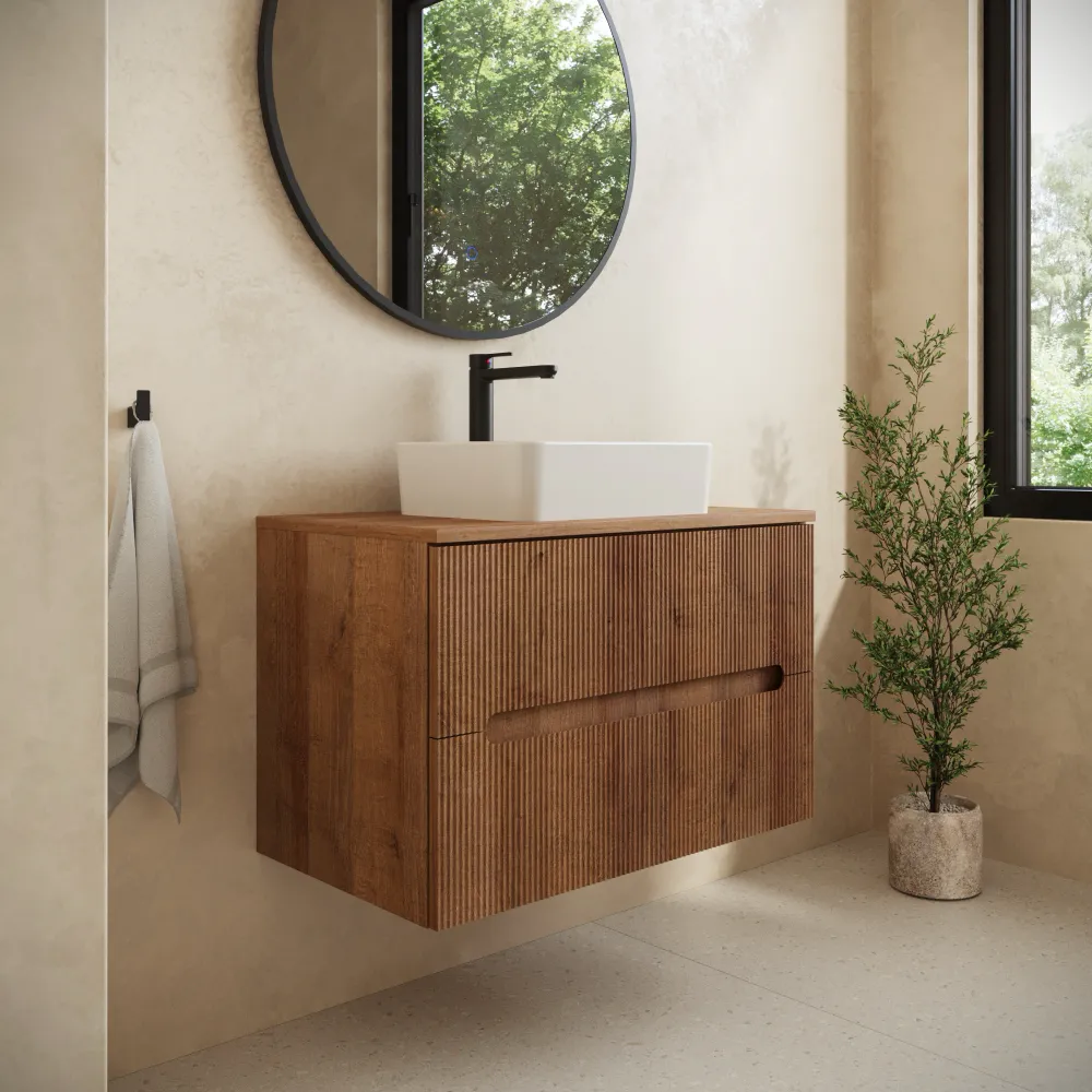 Mobile bagno sospeso 60cm due cassetti rovere scuro cannettato con top | Tigua