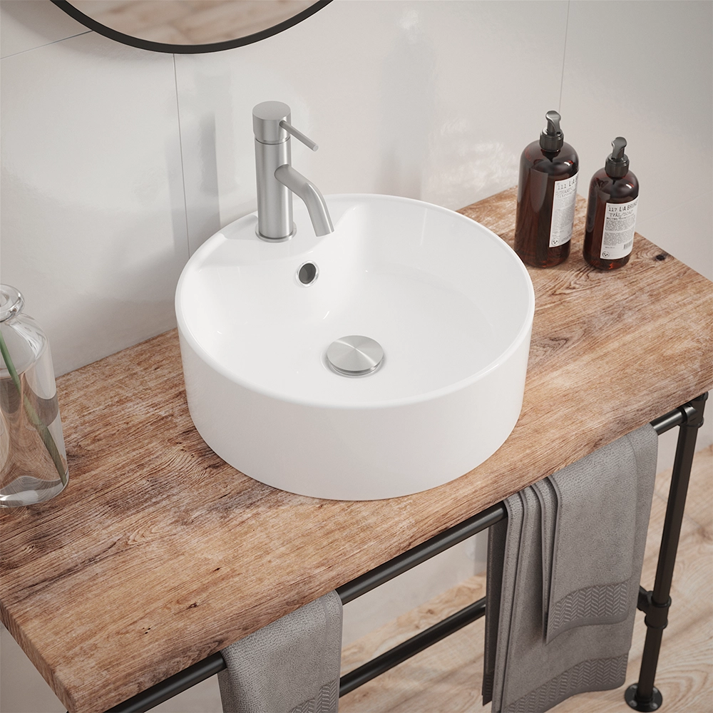 Lavabo da appoggio tondo con troppopieno 40x40x14 cm Bianco Lavabo da appoggio tondo con troppopieno 40x40x14 cm Bianco