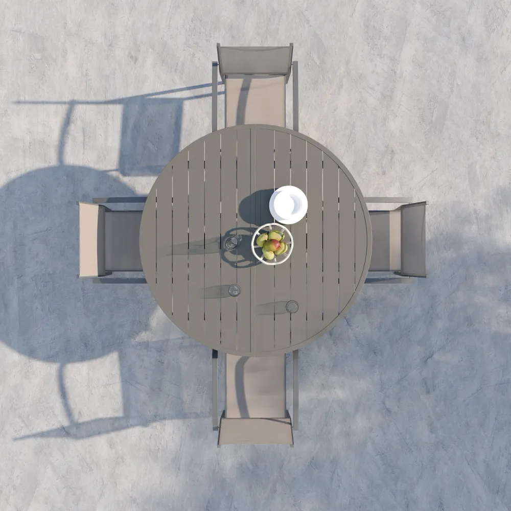 Set da esterno tortora con tavolo ovale allungabile 145/199x75cm e 4 sedie in alluminio e textilene con braccioli tondi | Juma