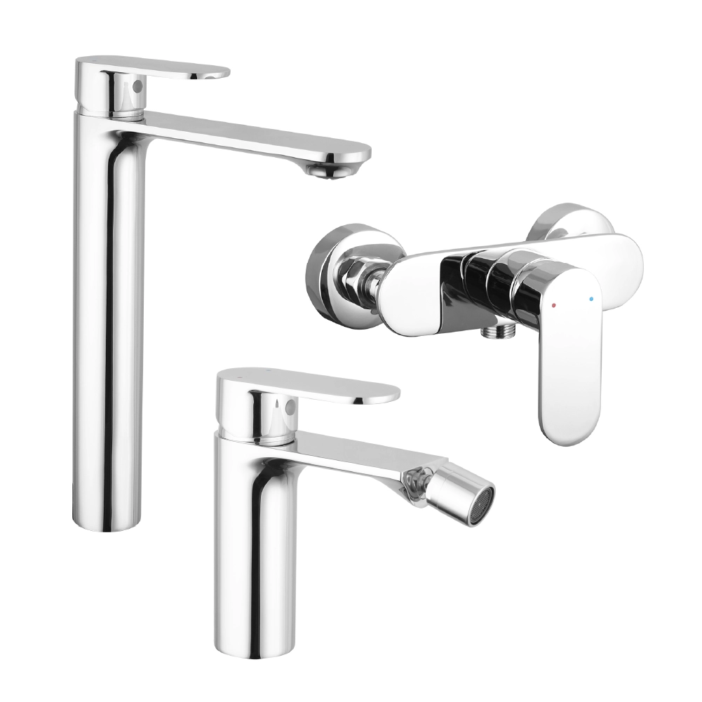 Set miscelatori: lavabo alto bidet senza scarico ed esterno doccia cromato | Kerry Set miscelatori: lavabo alto bidet senza scarico ed esterno doccia cromato | Kerry