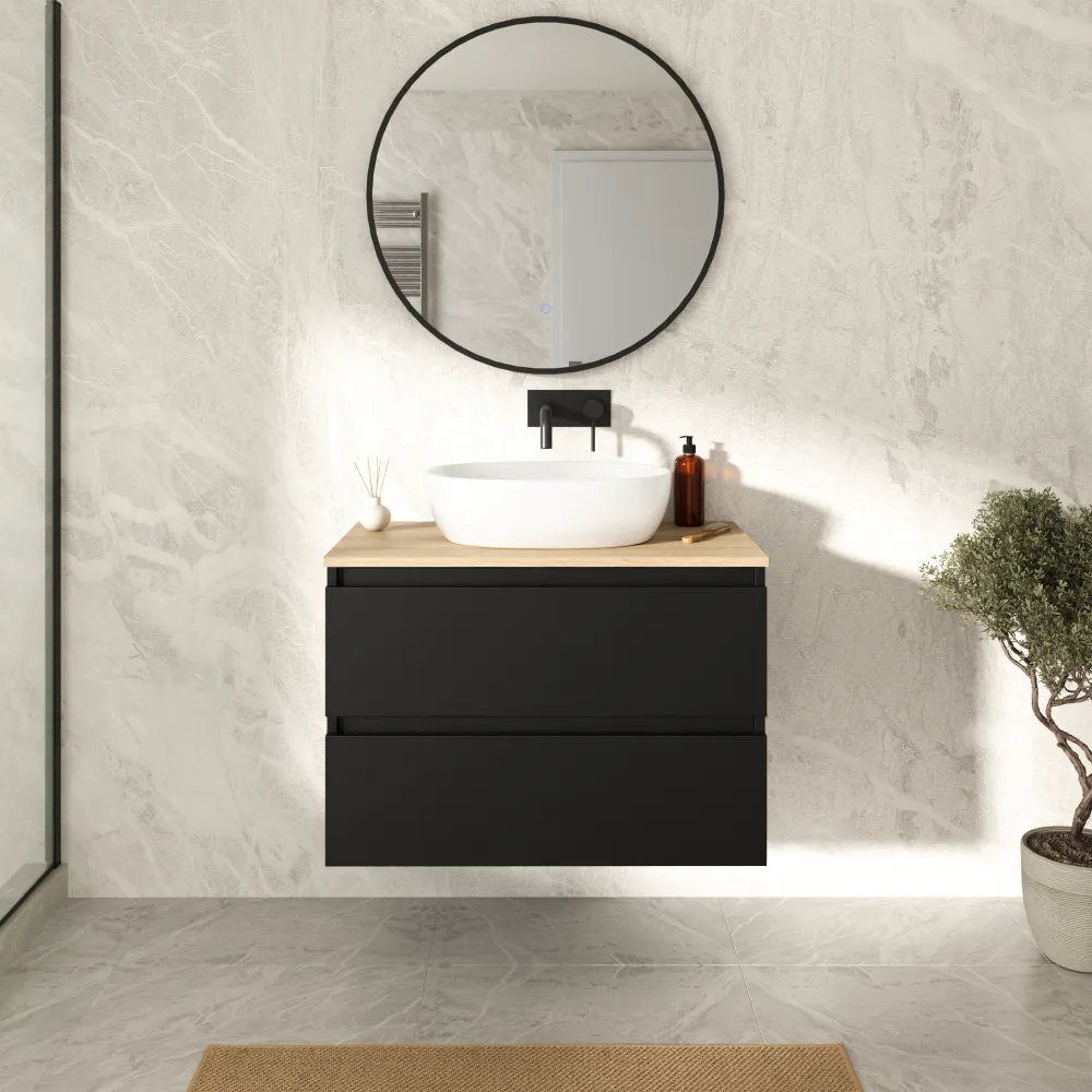 Mobile bagno sospeso 80cm due cassetti nero opaco con top rovere chiaro | Hexa