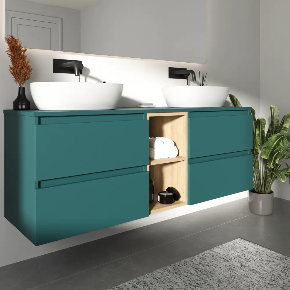 Mobile bagno sospeso 150cm quattro cassetti con top petol e vano a giorno rovere chiaro | Hexa