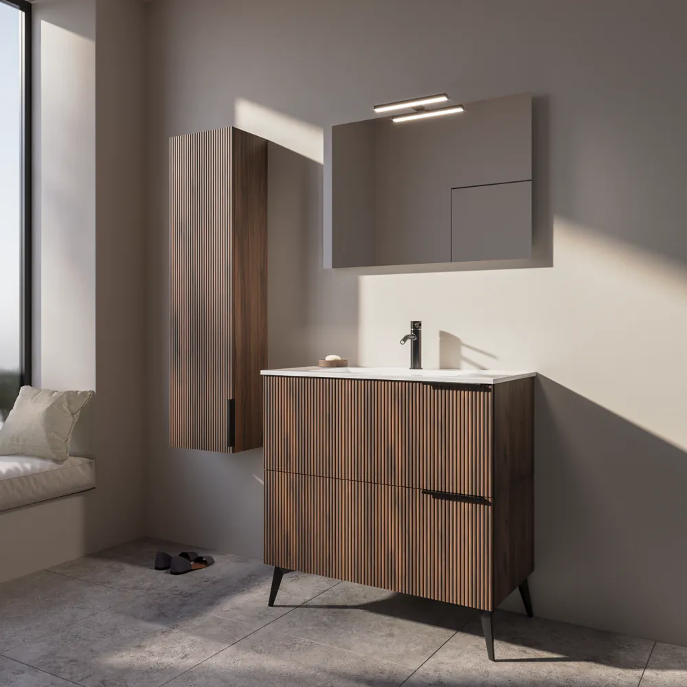 Mobile bagno a terra cannettato 90 cm rovere scuro 2 cassetti con lavabo in ceramica, piedini nero opaco | Fuji Mobile bagno a terra cannettato 90 cm rovere scuro 2 cassetti con lavabo in ceramica, piedini nero opaco | Fuji