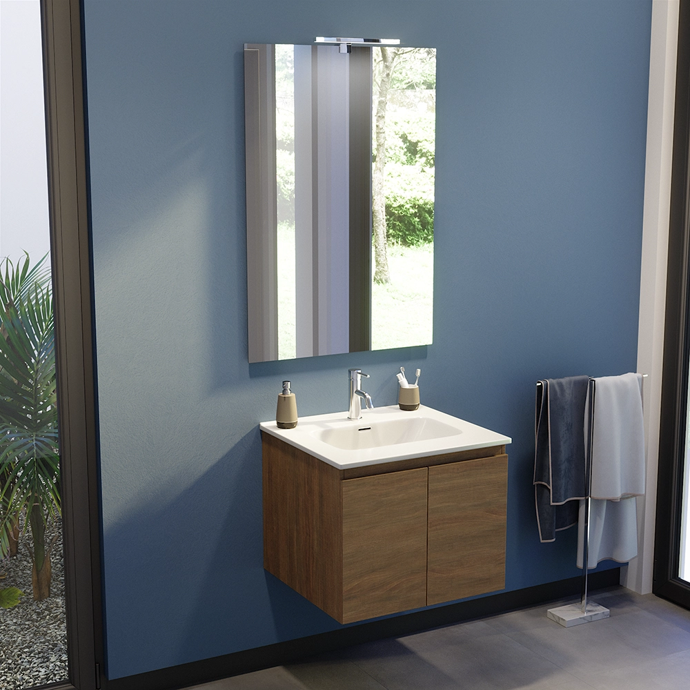 Mobile bagno sospeso 60 cm due ante rovere scuro lavabo e specchio | Yili Mobile bagno sospeso 60 cm due ante rovere scuro lavabo e specchio | Yili