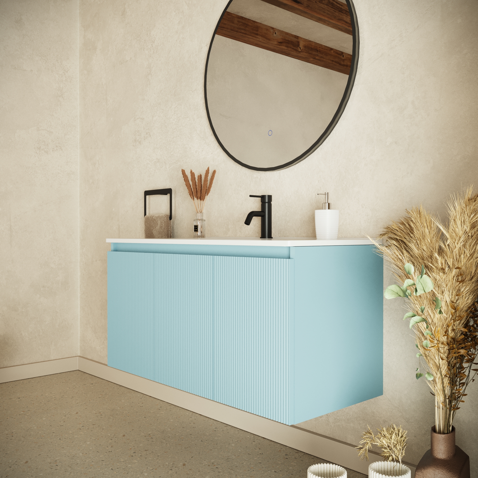 Mobile bagno sospeso 100cm tre ante carta da zucchero cannettato con lavabo | Pelion