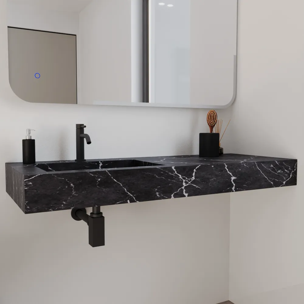 Lavabo sospeso con vasca a sinistra in hpl 120cm effetto marmo scuro | Ledro Lavabo sospeso con vasca a sinistra in hpl 120cm effetto marmo scuro | Ledro
