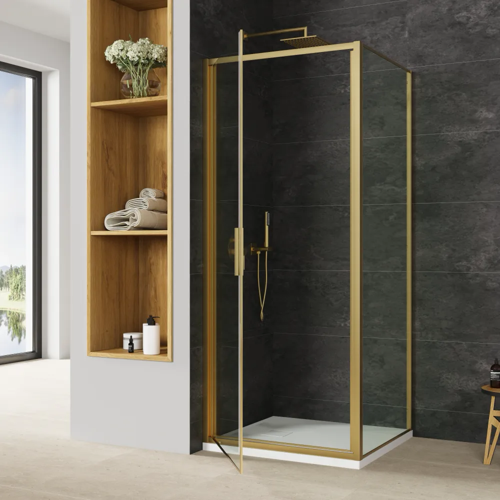 Box doccia slim 75x80cm con porta a battente e parete fissa profili oro spazzolato e vetro 6mm trasparente anticalcare h190| Portofino