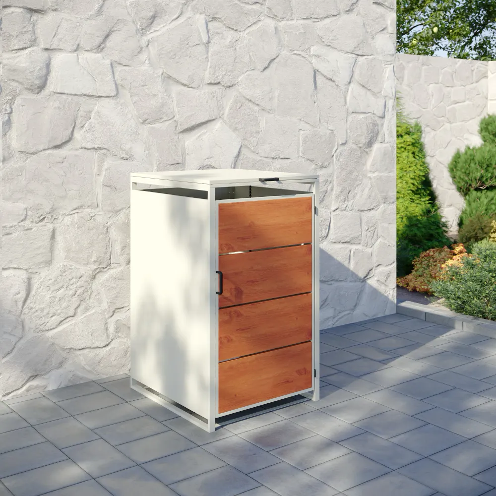 Copri bidoni 1 cassonetto 240L 68x75x115cm in acciaio zincato profili bianchi con pannelli effetto legno | Kubo