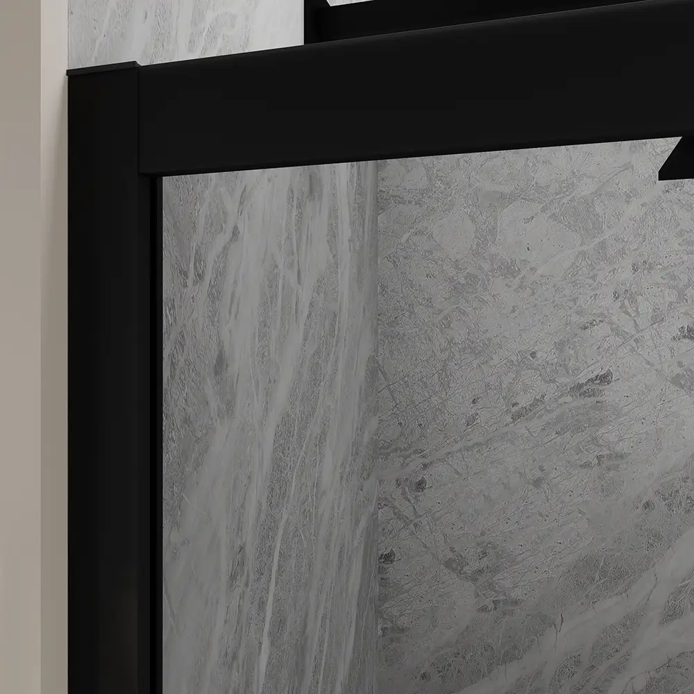 Porta doccia per nicchia mod. Sicily con profili alluminio nero e vetro temperato fume - Dettaglio forma alluminio Porta doccia per nicchia mod. Sicily con profili alluminio nero e vetro temperato fume - Dettaglio forma alluminio