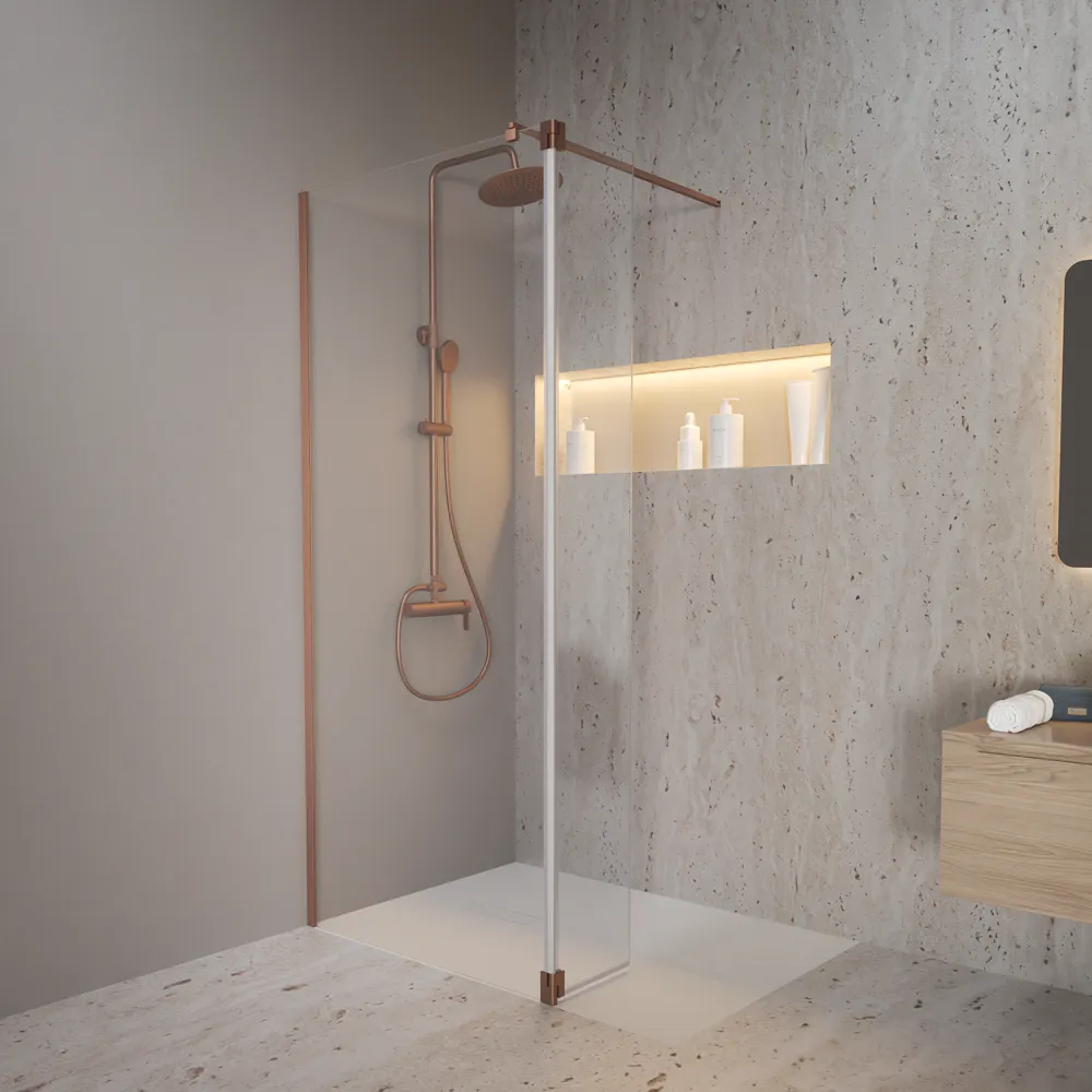 Doccia walk-in 100cm + anta girevole 40cm vetro 8mm trasparente anticalcare profili rame spazzolato h200 | Keros Doccia walk-in 100cm + anta girevole 40cm vetro 8mm trasparente anticalcare profili rame spazzolato h200 | Keros